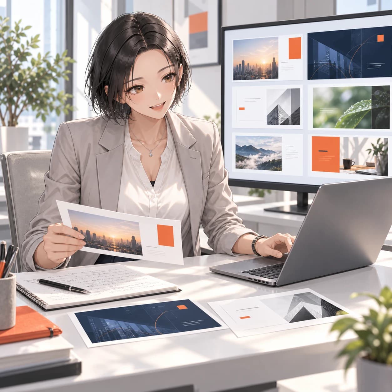原稿とスライドを見比べながら、プレゼンテーションを制作する場面